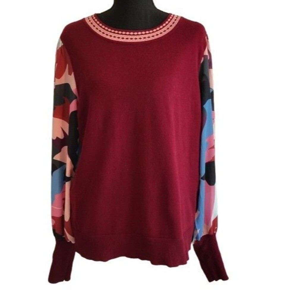 Rio & Rian New York Women XL Burgundy Knit Top Sheer Camo Floral Sleeve Sweater